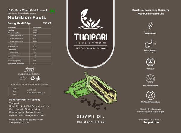 Thaipari sesame oil packaging with nutritional information and branding details