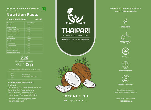 Thaipari Coconut oil packaging with nutritional information and branding details
