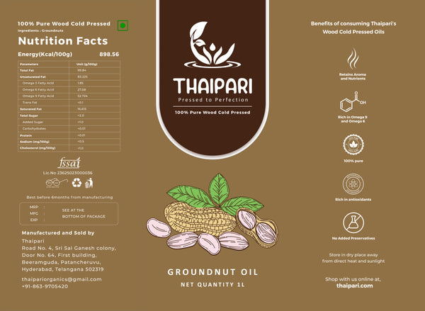 Thaipari groundnut oil packaging with nutritional information and branding details