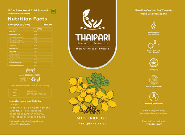 Thaipari Mustard oil packaging with nutritional information and branding details