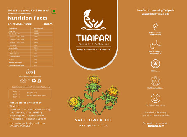 Thaipari safflower oil packaging with nutritional information and branding details