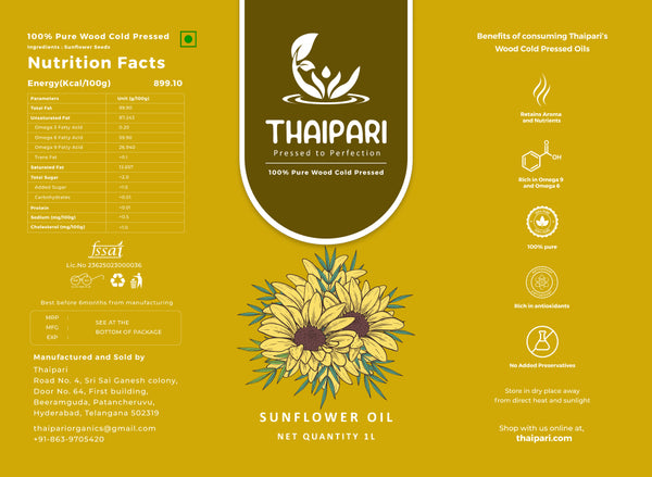Thaipari sunflower oil packaging with nutritional information and branding details